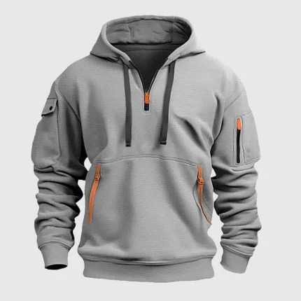 Half-Zip Drawstring Colorblock Pockets Casual Grey Hoodie