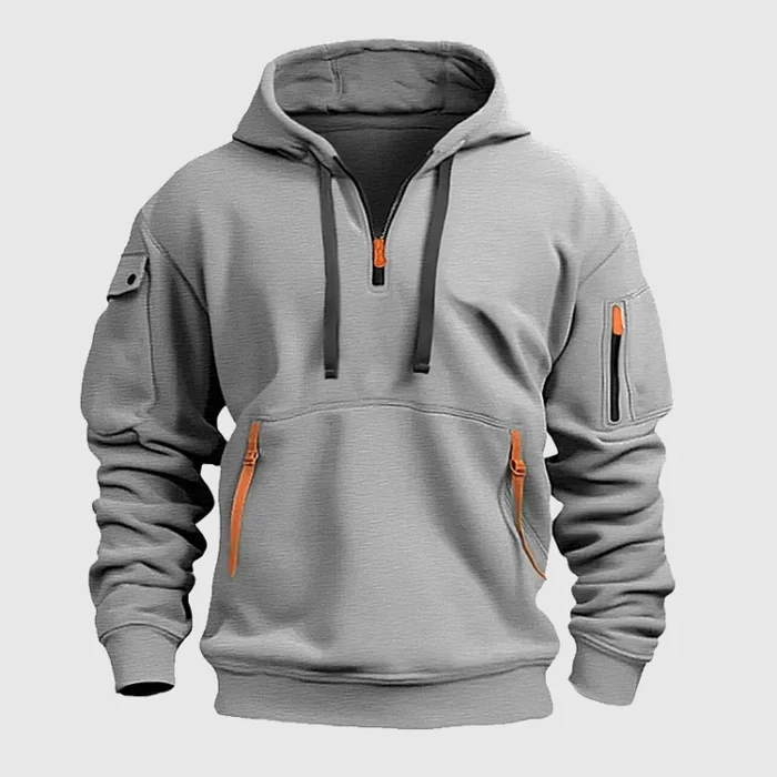 Half-Zip Drawstring Colorblock Pockets Casual Grey Hoodie
