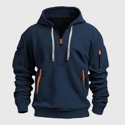 Half-Zip Drawstring Colorblock Pockets Casual Hoodie