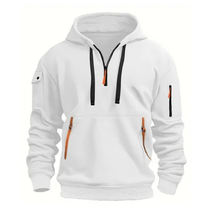 Half-Zip Drawstring Colorblock Pockets Casual White Hoodie