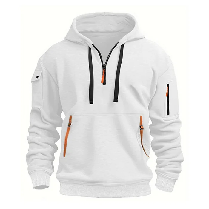 Half-Zip Drawstring Colorblock Pockets Casual White Hoodie