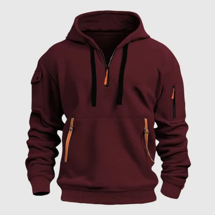 Half-Zip Drawstring Colorblock Pockets Casual red Hoodie