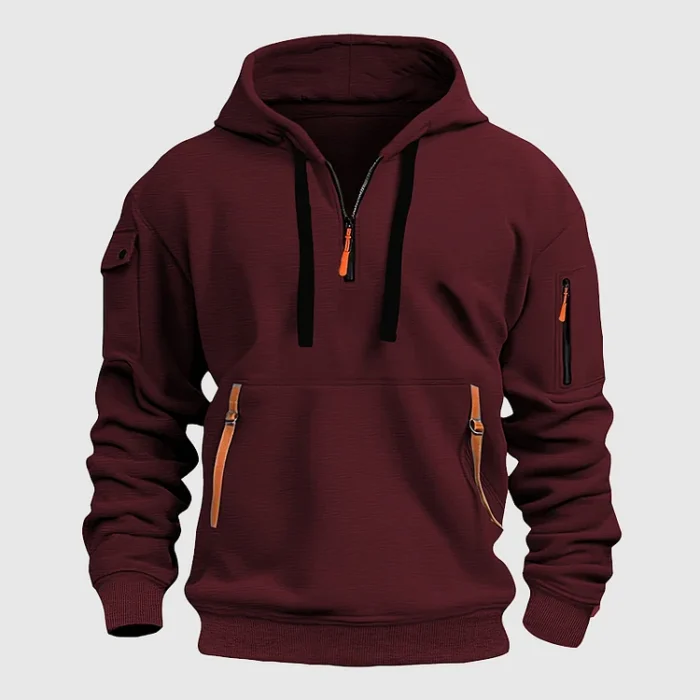 Half-Zip Drawstring Colorblock Pockets Casual red Hoodie