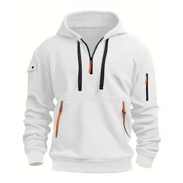 Half-Zip Drawstring Colorblock Pockets Casual White Hoodie - Image 1